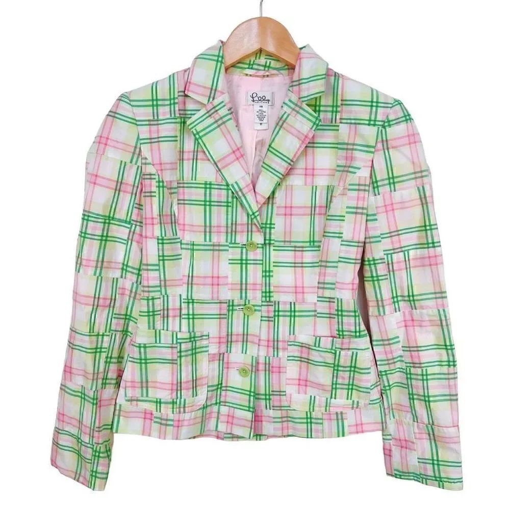 Vintage Lilly Pulitzer Y2K Plaid Blazer Jacket Pink Green White Plaid XS
